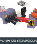 Star Wars RacerVerse Grogu's Great Race Track Set With Two Die-Cast Racers Inspired By The Mandalorian, showing cars jumping stormtroopers