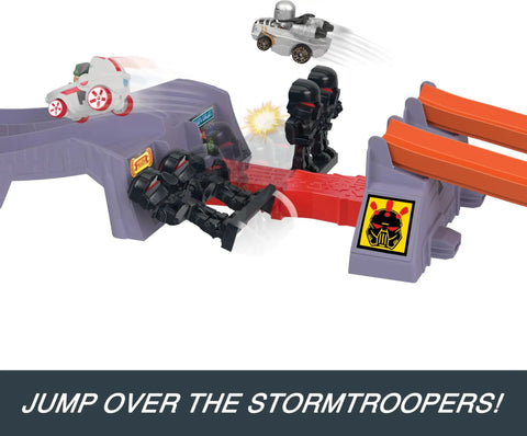 Star Wars RacerVerse Grogu's Great Race Track Set With Two Die-Cast Racers Inspired By The Mandalorian, showing cars jumping stormtroopers