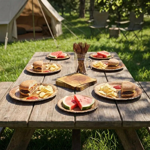 100 Piece Disposable Rustic Wood Grain Slice Tableware Set for 25 Guests with 9 Inch Dinner Plates at outdoor picnic table