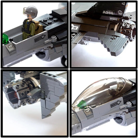 Close-up details of F16 Fighting Falcon Fighter Jet Building Kit with over 500 pieces, featuring cockpit, landing gear, and missile parts.