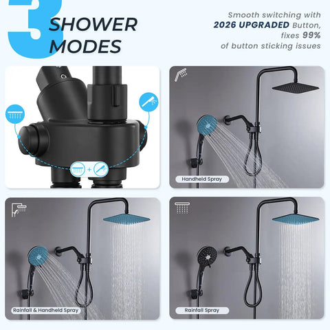 Three shower modes of 8 Inch High Pressure Rain Shower Head With Handheld Spray Duo Shower Head Set, matte black finish.
