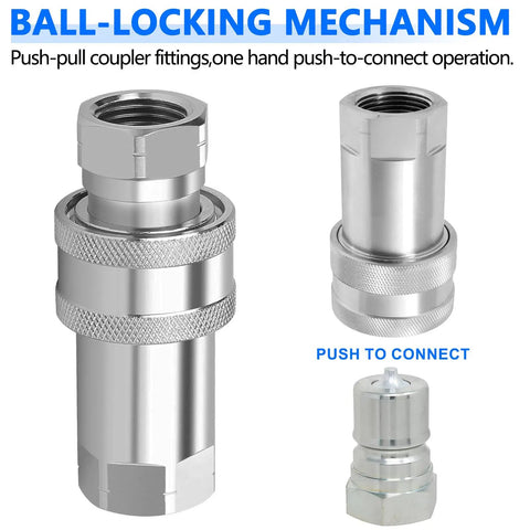 Heavy Duty Hydraulic Quick Connect Coupler Set 3/8 Inch NPT ISO 7241 A Pioneer Style With Dust Caps Poppet Universal Fit, ball-locking mechanism