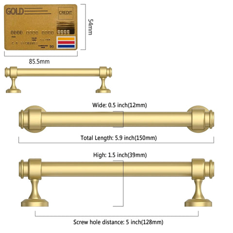 10 Pack Brushed Gold Cabinet Pulls With 5 Inch Hole Centers For Kitchen Cabinets And Bathroom Drawers in detailed dimensions.