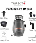Low Key Quiet Three Quarter HP Continuous Feed Garbage Disposal With Sound Dampening Insulation And Thick Splash Guard packing list