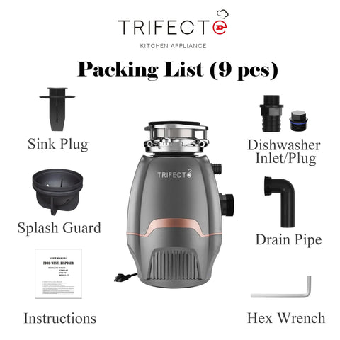Low Key Quiet Three Quarter HP Continuous Feed Garbage Disposal With Sound Dampening Insulation And Thick Splash Guard packing list