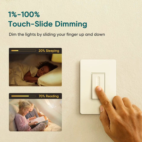 Hand adjusting brightness on 2 Pack 3 Way Smart Dimmer Switch Set For Home Lighting, shows sleeping and reading scenes.