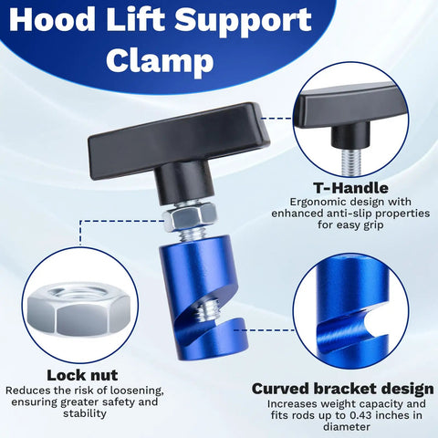 Heavy Duty Aluminum Alloy Car Hood Prop Strut Clamps Pair Delivered With Tough As Nails Hood Support Clips, showcasing T-handle and curved design.