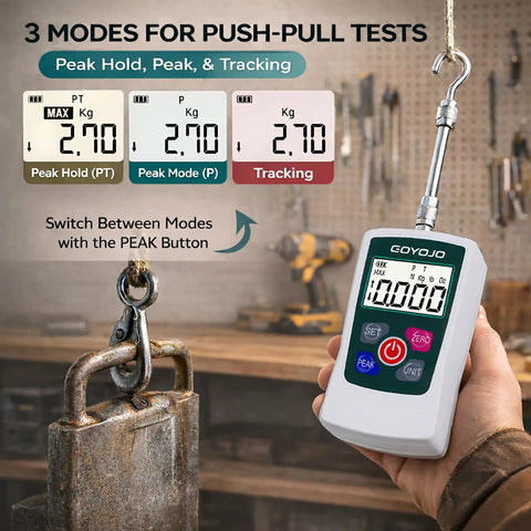 Digital Force Gauge Go To Tool For Real Time Peak And First Peak Measurements High Precision Push Pull Meter For Tension And Compression Testing Ideal For Quality Control And Material Testing In N Kg Lb Oz, handheld in use