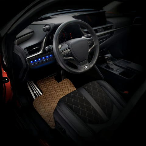 Interior view of a vehicle featuring an 8 Gang Off Road Waterproof Rocker Switch Panel With 5 Pin SPST 12V 24V On Off Toggle 20 Amp Blue.