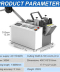Automatic Electric Heat Shrink Tube Cutter Machine With Digital Display showing dimensions and specifications for precise cuts.