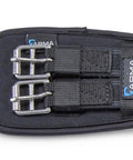 Close-up of No Slip Neoprene Dressage Girth 24 Inch with stainless steel buckles, black neoprene material.