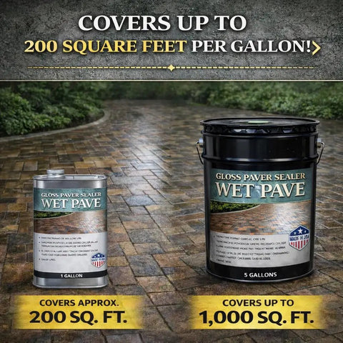 Image of Heavy Duty Wet Look Paver Sealer for Concrete and Brick Blocks showing 1-gallon and 5-gallon containers on a paved patio.