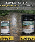 Slick Wet Shine Paver Sealer For Driveway Patio Waterproof Masonry Protector For Concrete Brick Stone One Gallon and five-gallon containers with coverage details.