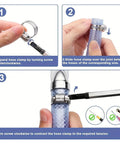 Solid 120 Pc Stainless Steel Hose Clamp Kit With Easy Tighten Worm Gear, 1/4 To 1-1/2 Inch Range, Totally Perfect For Plumbing And Auto Jobs That Need Durable Heavy Duty Clamps. Three-step hose clamp installation on a pipe with screwdriver.