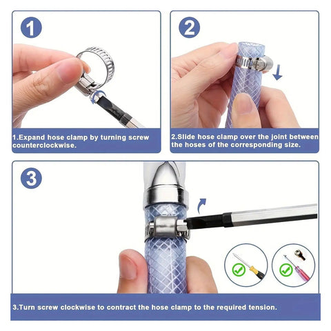 Solid 120 Pc Stainless Steel Hose Clamp Kit With Easy Tighten Worm Gear, 1/4 To 1-1/2 Inch Range, Totally Perfect For Plumbing And Auto Jobs That Need Durable Heavy Duty Clamps. Three-step hose clamp installation on a pipe with screwdriver.