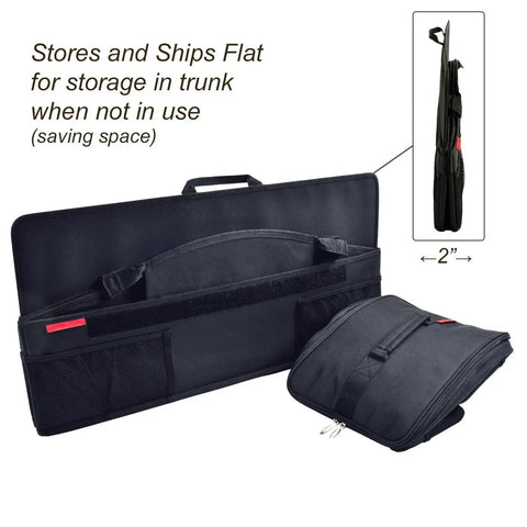 Beefy Heavy Duty Trunk Organizer Set With No Slide Rigid Base 70 Lb Capacity 30 By 15 Inches Black Pack Of 2, folded and flat