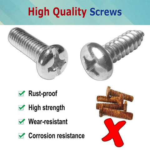 Close-up of rustproof high-quality screws with features listed, used for Patriotic Black American Flag License Plate Frames 2 Pack