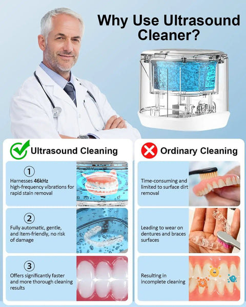 Comparison chart of Ultrasonic Retainer Cleaner 46kHz 2-in-1 Jewelry and Dental Cleaning Machine benefits with doctor