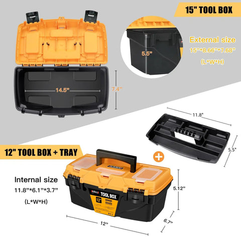 Two Piece Portable Plastic Tool Box Set With Removable Tray And 15 Inch Storage Box, showing dimensions and features.