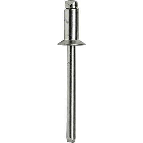 Heavy Duty Aluminum Pop Rivets Featuring Rock Solid Countersunk Heads And Tough Steel Cores For Quick Snug Connections Across Sheet Metal And Wood In A 100 Piece Snag Pack, single rivet side view.