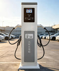 Top Shelf Dual Port EV Charger Commercial Charging Station Built For Fleets And Business Parking Lots To Keep Your Rig Fully Loaded Without Any Hiccup Featuring A No Sweat Dual Connector Design That Runs Smooth As Butter Daily in a parking lot with two connectors.