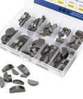 Ofiswadi woodruff key assortment kit in clear plastic box; 120 metal semicircular keys in 10 sizes.