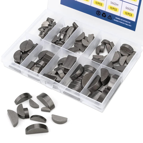 Ofiswadi woodruff key assortment kit in clear plastic box; 120 metal semicircular keys in 10 sizes.