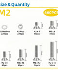 Beefy 660 Piece M2 Screw Set With Nuts And Washers M2x4mm M2x6mm M2x8mm M2x10mm M2x12mm M2x16mm Hex Flat Head Countersunk 304 Stainless Steel