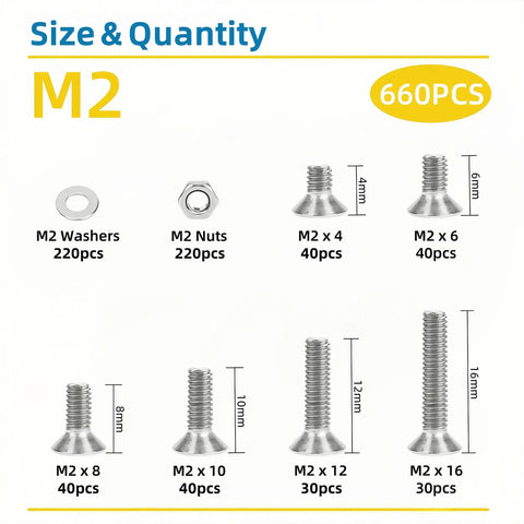 Beefy 660 Piece M2 Screw Set With Nuts And Washers M2x4mm M2x6mm M2x8mm M2x10mm M2x12mm M2x16mm Hex Flat Head Countersunk 304 Stainless Steel