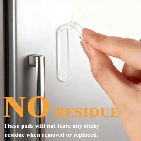Straight Up Clear Cabinet Door Bumpers With Self Adhesive Silicone Rubber Furniture Pads For Fridge And Appliances Dead Nuts Quiet Glide Scratch Resistant Pad Set being applied to a fridge door.
