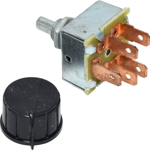 Rotary Air Conditioning Three Speed Blower Switch For Universal Use With Plastic Fan Knob, Five Spade Terminals, metal contacts visible