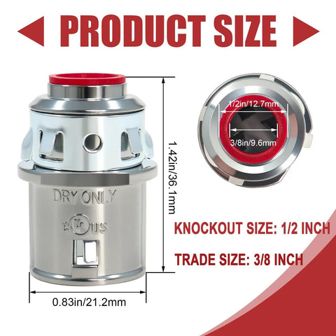 Heavy Duty Zinc MC Cable Connectors 35 Pack Snap In Mounting For One Half Inch Knockouts with size details and specs