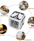 Smooth Operator Vintage Eiffel Tower Digital Alarm Clock With LED Time Date Temperature Display on desk with various room settings