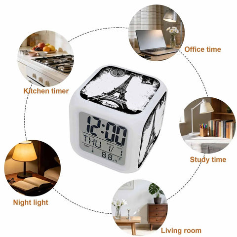 Smooth Operator Vintage Eiffel Tower Digital Alarm Clock With LED Time Date Temperature Display on desk with various room settings