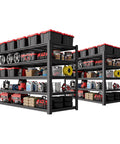 Heavy Duty 5 Tier Garage Shelving Unit Packing 5000 Lbs Metal Storage Rack Adjustable with tools and storage bins organized.
