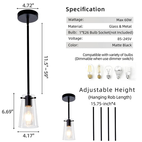 BESTWEST 3 Pack Pendant Lights Kitchen Island, Matte Black finish adjustable height glass pendant light for kitchen.