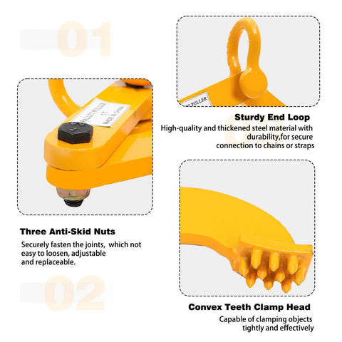 Heavy Duty Pallet Puller 1 Ton Capacity Scissor Clamp For Forklift Chain With 5 Inch Jaw Opening, showing steel construction, yellow finish, anti-skid nuts, and clamp head.