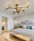 8 Light Sputnik Ceiling Light Fixture Semi Flush Mount With Glass Globe In Black And Gold Mid Century Modern Chandelier in bedroom