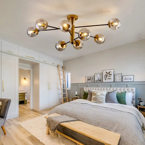 8 Light Sputnik Ceiling Light Fixture Semi Flush Mount With Glass Globe In Black And Gold Mid Century Modern Chandelier in bedroom