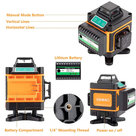 16 Line Green Laser Level Self Leveling Tool With 360 Degree Horizontal And Vertical Lines 150ft Range Rechargeable 3000mAh Battery shown with manual controls and lithium battery details