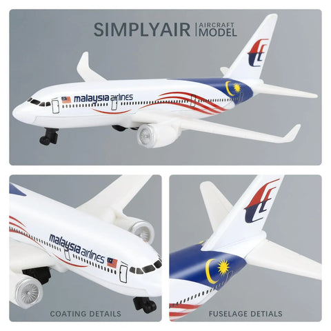 Malaysia 1/400 Scale Airplane Model Kit, Alloy Body With Plastic Base, No Assembly Required, Great For Collectors And Display, Durable And Highly Detailed Plastic Plane Model showing detailed fuselage design and logo