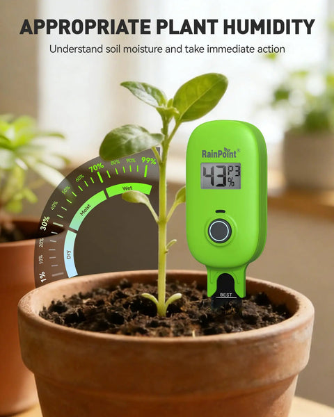 Hands Down Handy Soil Moisture Meter For Plants With Real Time Humidity Sensor And App Remote Monitoring, green meter in potted seedling