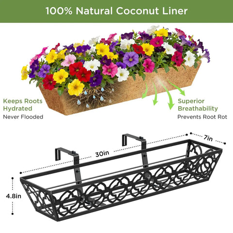 Adjustable Railing Planter Boxes Set, 4 Pack Of 30 Inch And 2 Pack Of 24 Inch, Hanging Balcony Planter, Deck Railing Box shown with coconuts