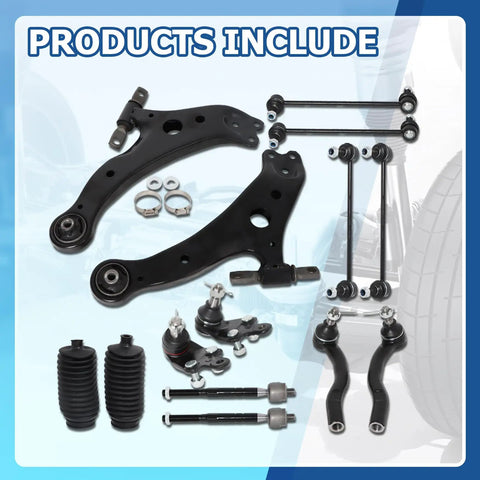 14 Piece Front Lower Control Arm And Tie Rods Replacement Kit For Toyota Camry 2007 2011 USA Built Models Only With Stable Steering Knuckles And Easy Reliable Alignment For Dialed In Handling. parts layout