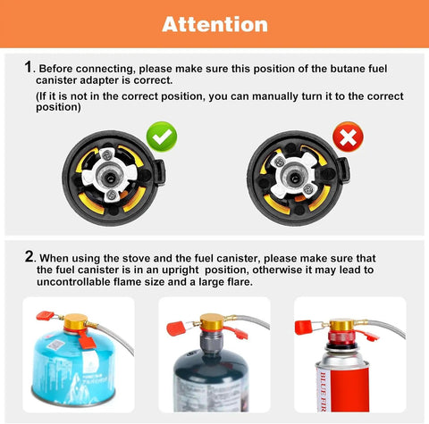 Beast Power 7200W Windproof Camping Stove fuel canister adapter instructions with correct and incorrect positions shown.
