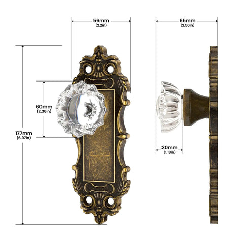 Antique Bronze Dummy Door Knobs Two Pack With Crystal Glass Interior Handles For Hallway Pantry And Closet Doors Old School Vintage Vibe Easy Install And Durable Antique Hardware For Home, showing detailed dimensions and side view.