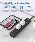 Rock Solid Six Outlet Surge Protector Power Strip With Six Foot Extension Cord And Six Hundred Joule Defense for electronics charging.