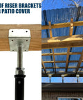 Heavy Duty Two Pack U Shaped Floor Jack With No Sweat Height Tweaks And Rock Solid Steel Beam Support For 4x2 4x4 4x6 Floor Joists Plus Heavy Duty Screw Top Post House Leveling Rig, showing steel brackets on wooden beams for patio cover support.