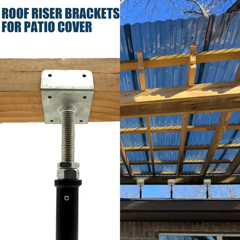 Heavy Duty Two Pack U Shaped Floor Jack With No Sweat Height Tweaks And Rock Solid Steel Beam Support For 4x2 4x4 4x6 Floor Joists Plus Heavy Duty Screw Top Post House Leveling Rig, showing steel brackets on wooden beams for patio cover support.