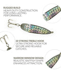 Pro Grade Spoon Fishing Lures Set, 2 Oz Silver Finish, 6 Pack With 3X Strong Mustad Treble Hooks, lure design features